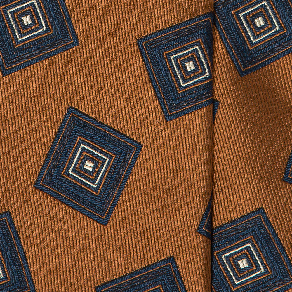 프랑코 바씨 클래식 네이비 스퀘어 패턴 오렌지 브라운 실크 넥타이