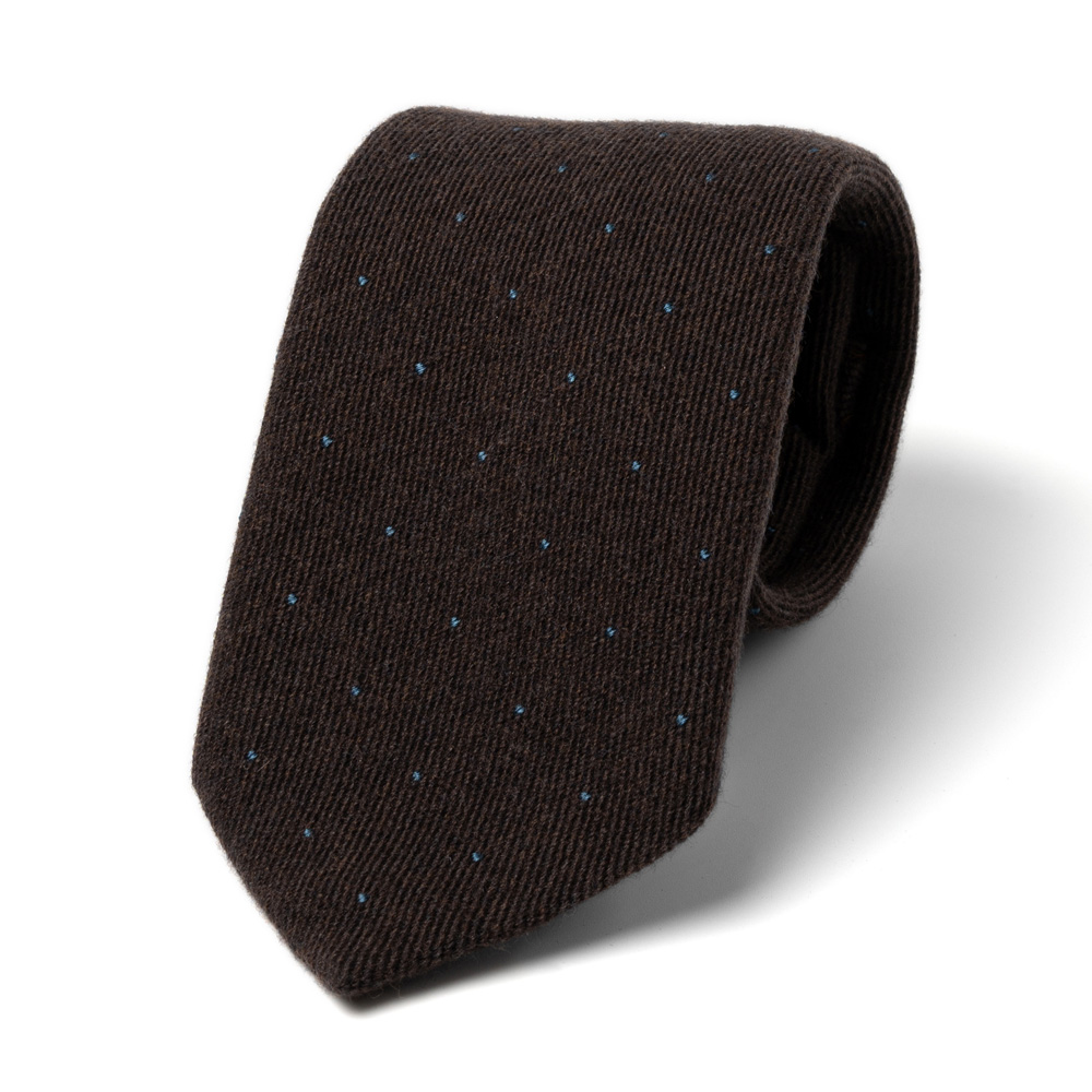 홀리데이 앤 브라운 블루 핀 도트 패턴 윈터 브라운 우븐 울 실크 넥타이