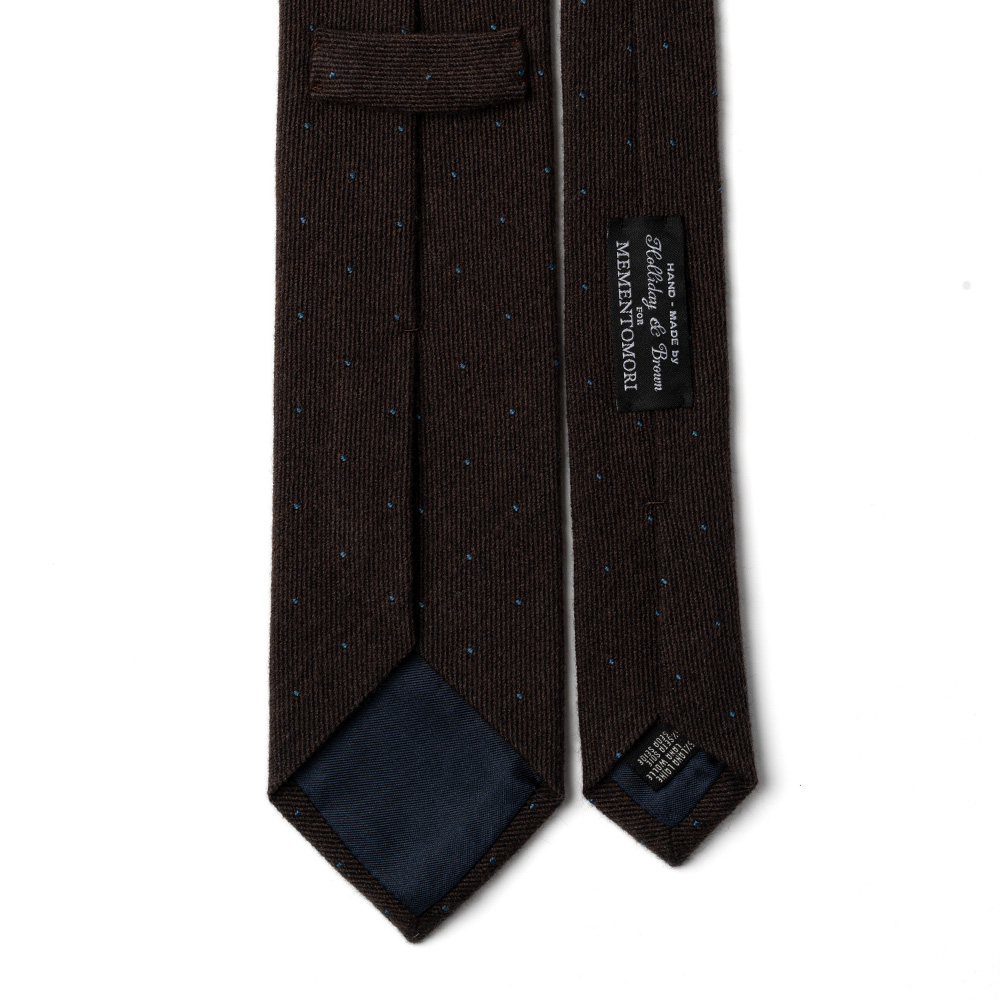 홀리데이 앤 브라운 블루 핀 도트 패턴 윈터 브라운 우븐 울 실크 넥타이