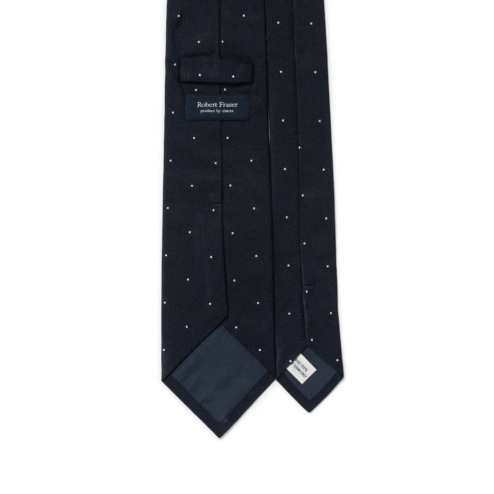 로버트 프레이저 화이트 스몰 폴카 도트 패턴 다크 네이비 우븐 실크 넥타이