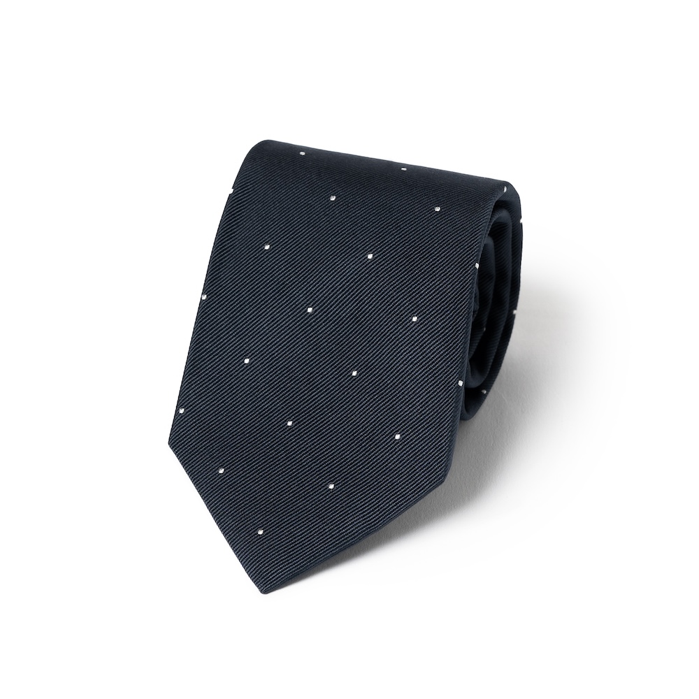 로버트 프레이저 화이트 스몰 폴카 도트 패턴 블루 그레이 우븐 실크 넥타이