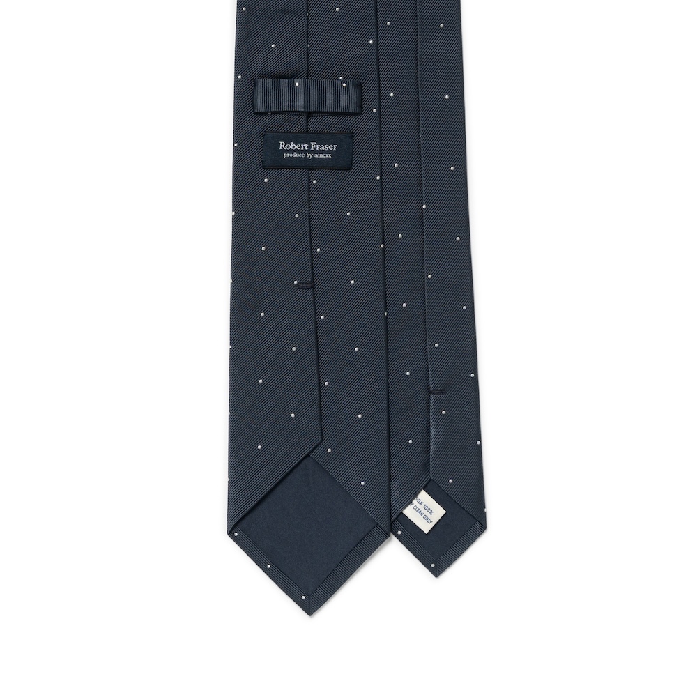 로버트 프레이저 화이트 스몰 폴카 도트 패턴 블루 그레이 우븐 실크 넥타이