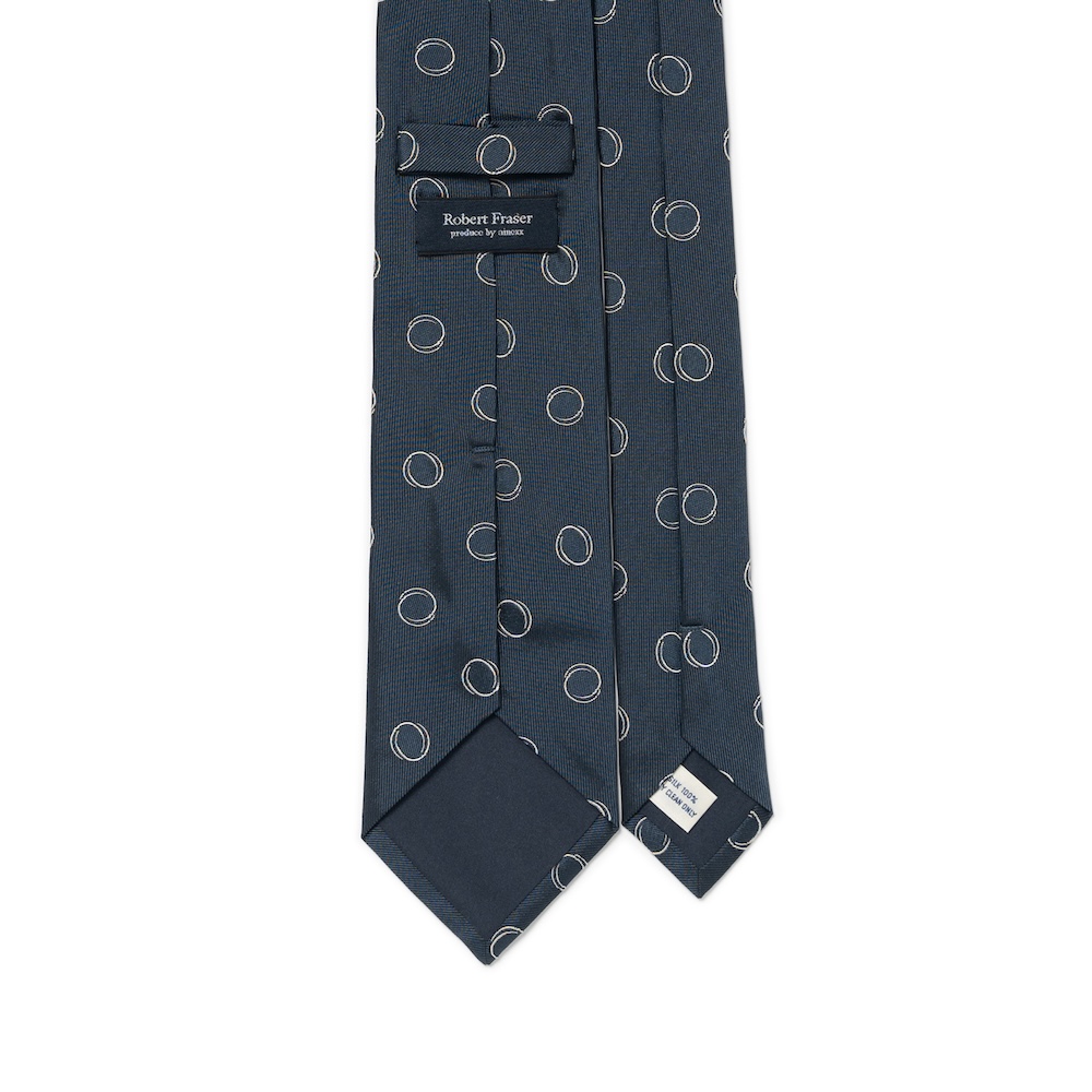 로버트 프레이저 빅 더블 서클 도트 패턴 다크 네이비 우븐 실크 넥타이