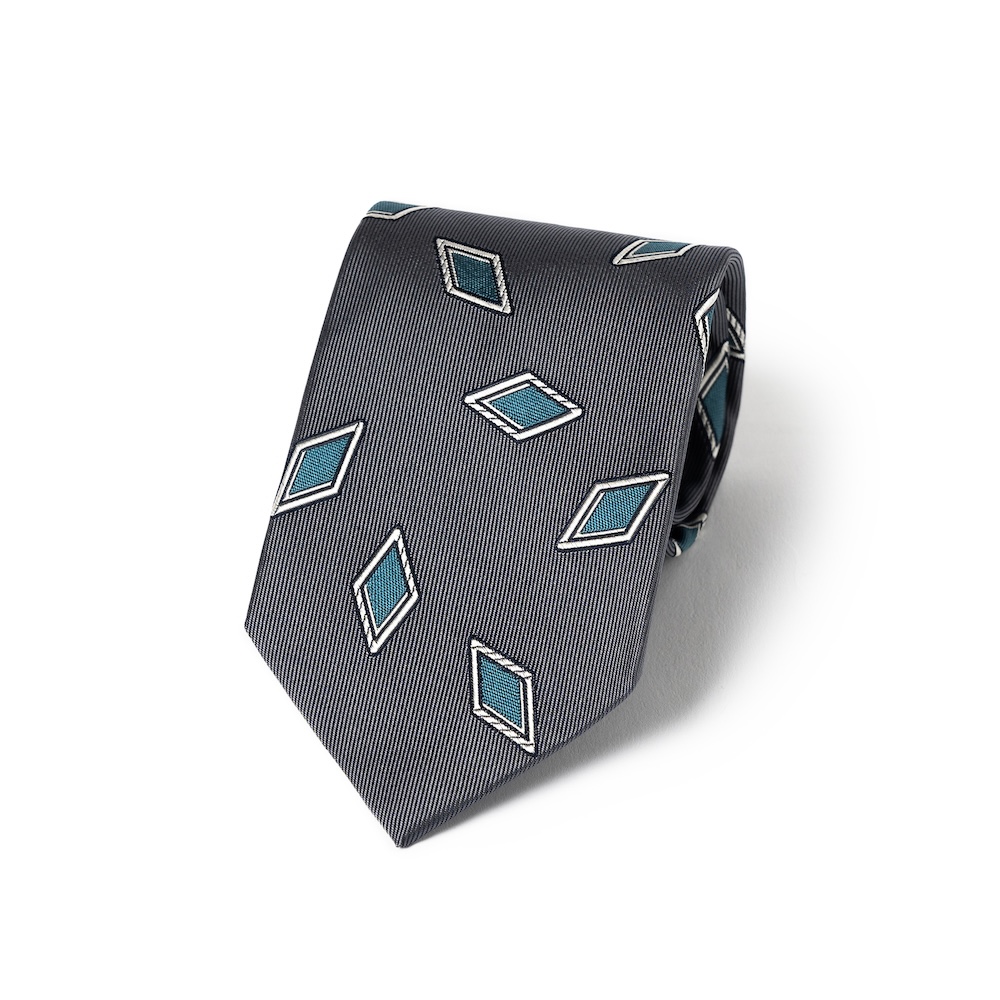 로버트 프레이저 다이아몬드 패턴 차콜 그레이 블루 우븐 실크 넥타이