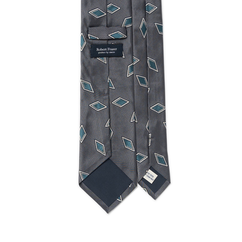 로버트 프레이저 다이아몬드 패턴 차콜 그레이 블루 우븐 실크 넥타이