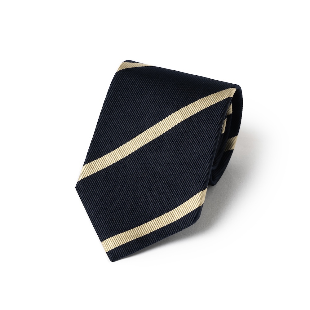 로버트 프레이저 샴페인 골드 스트라이프 다크 네이비 우븐 실크 넥타이