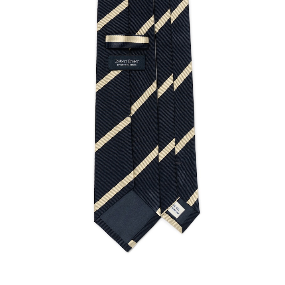 로버트 프레이저 샴페인 골드 스트라이프 다크 네이비 우븐 실크 넥타이