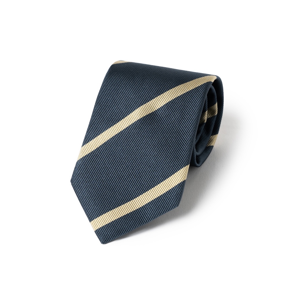 로버트 프레이저 샴페인 골드 스트라이프 스틸 블루 우븐 실크 넥타이