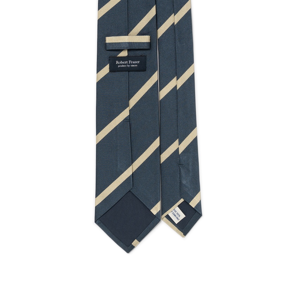 로버트 프레이저 샴페인 골드 스트라이프 스틸 블루 우븐 실크 넥타이