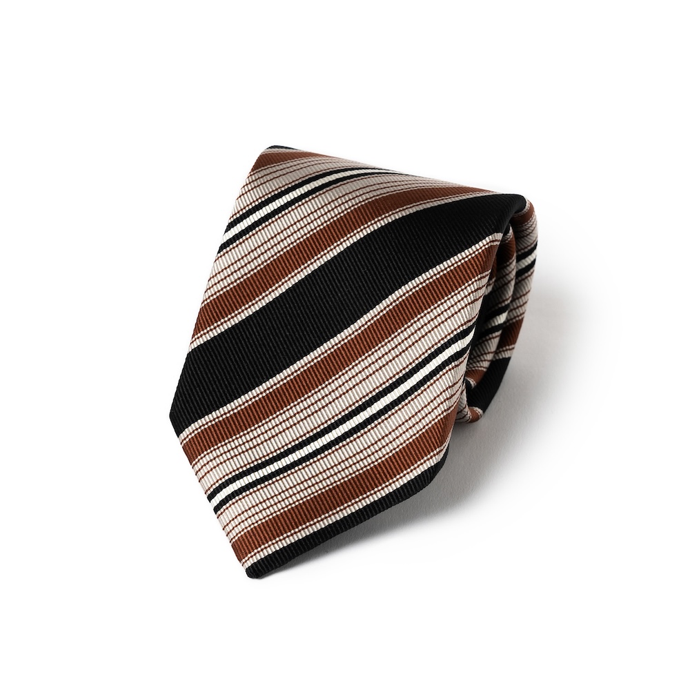 로버트 프레이저 멀티 스트라이프 블랙 오렌지 브라운 우븐 실크 넥타이