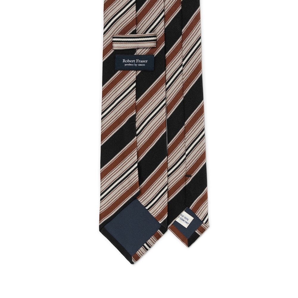 로버트 프레이저 멀티 스트라이프 블랙 오렌지 브라운 우븐 실크 넥타이