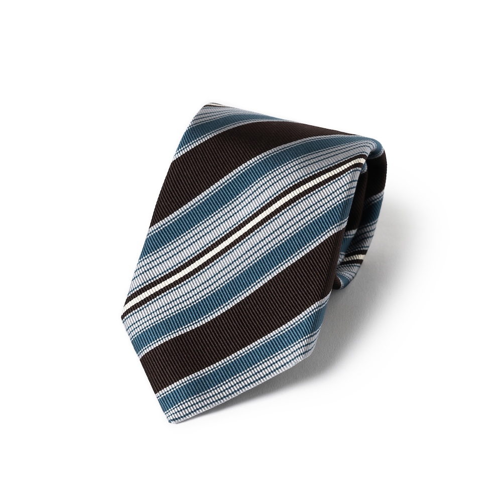 로버트 프레이저 멀티 스트라이프 다크 브라운 틸 블루 우븐 실크 넥타이
