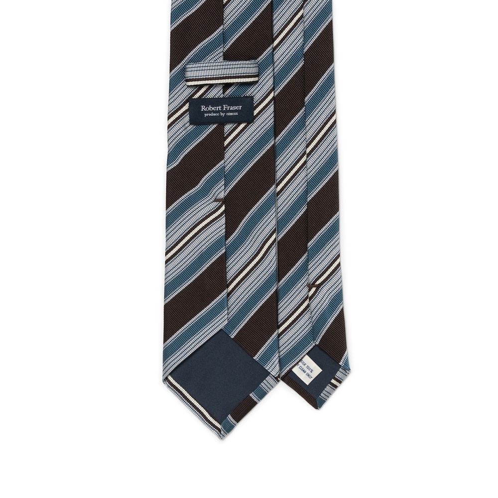 로버트 프레이저 멀티 스트라이프 다크 브라운 틸 블루 우븐 실크 넥타이