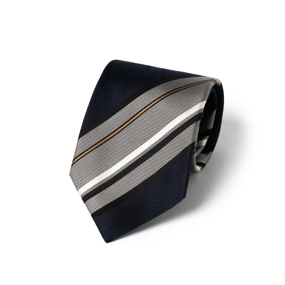 로버트 프레이저 블럭 스트라이프 다크 네이비 그레이 우븐 실크 넥타이