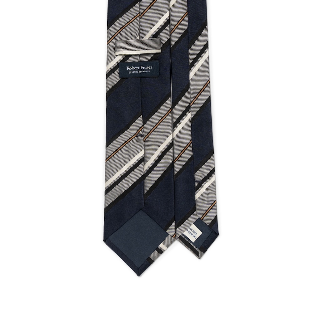 로버트 프레이저 블럭 스트라이프 다크 네이비 그레이 우븐 실크 넥타이