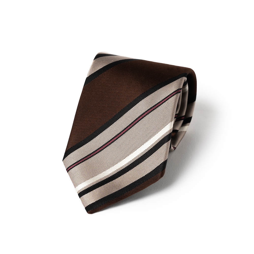 로버트 프레이저 블럭 스트라이프 다크 브라운 샌드 베이지 우븐 실크 넥타이