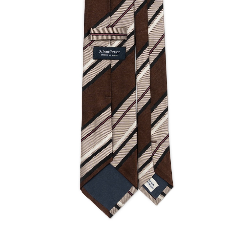 로버트 프레이저 블럭 스트라이프 다크 브라운 샌드 베이지 우븐 실크 넥타이