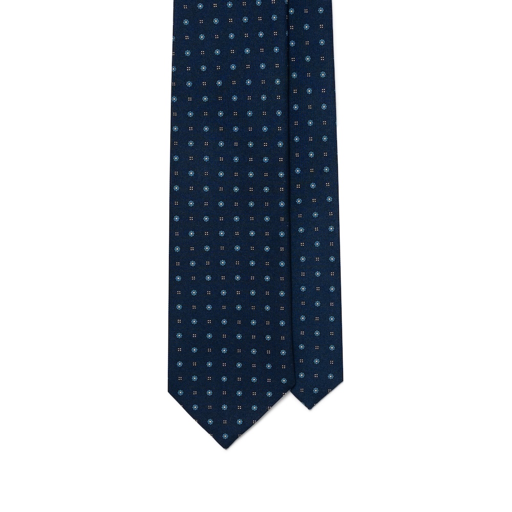 에리코 포르미콜라 미니 플라워 앤 도트 패턴 다크 네이비 블루 프린티드 실크 넥타이