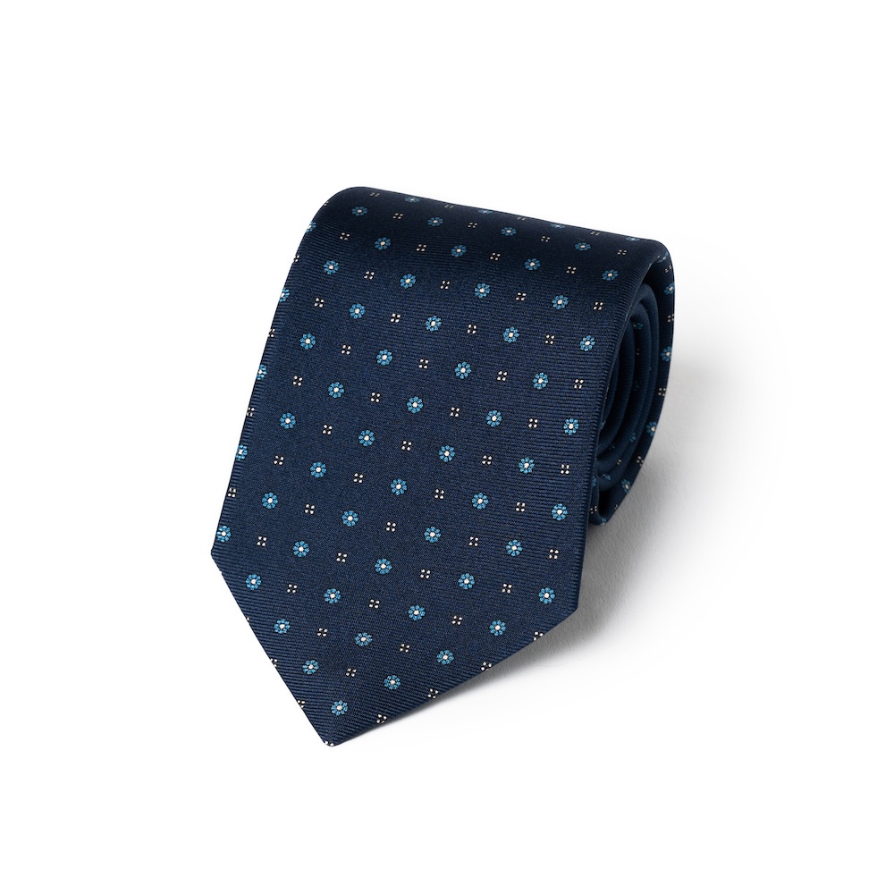에리코 포르미콜라 미니 플라워 앤 도트 패턴 다크 네이비 블루 프린티드 실크 넥타이