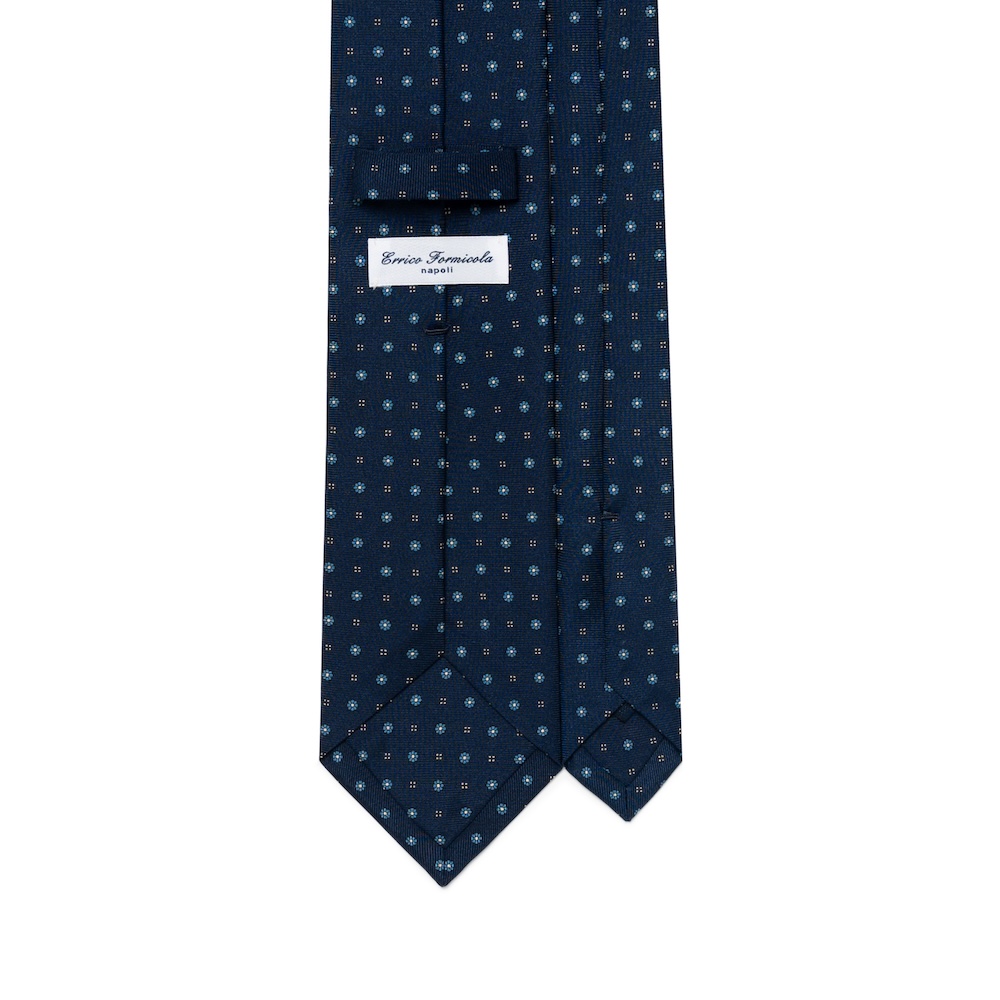 에리코 포르미콜라 미니 플라워 앤 도트 패턴 다크 네이비 블루 프린티드 실크 넥타이