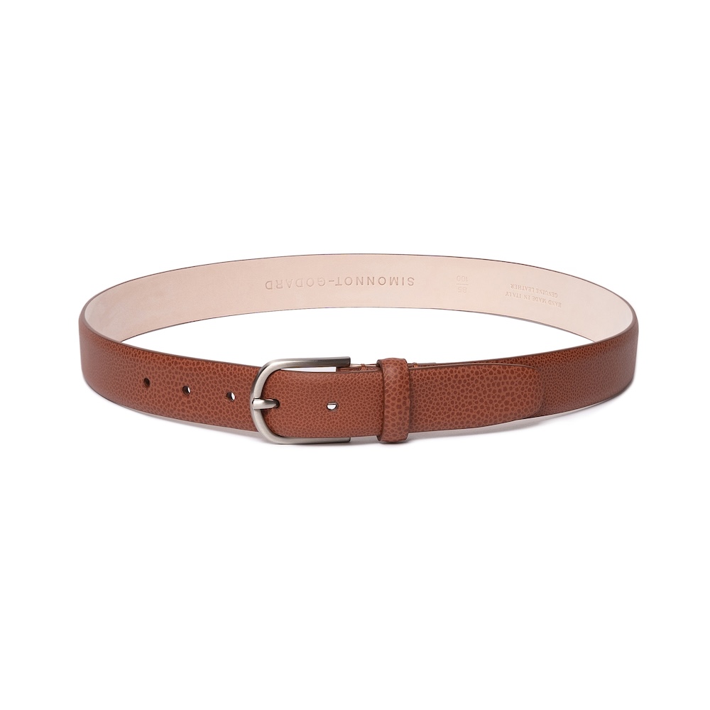 시모노 고다 코냑 브라운 그레인 카프 레더 브러쉬드 실버 벨트