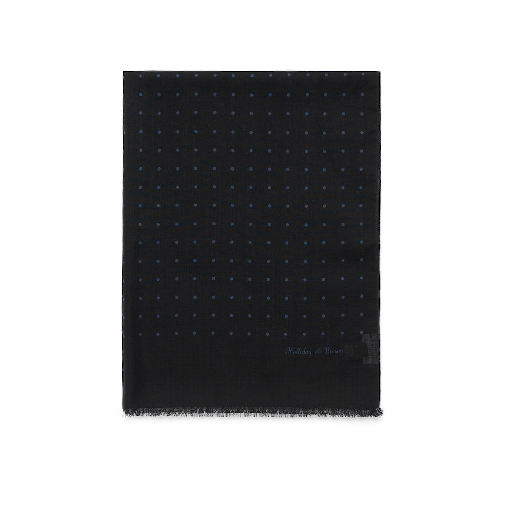 홀리데이 앤 브라운 네이비 폴카 도트 패턴 제트 블랙 버진 울 실크 스카프