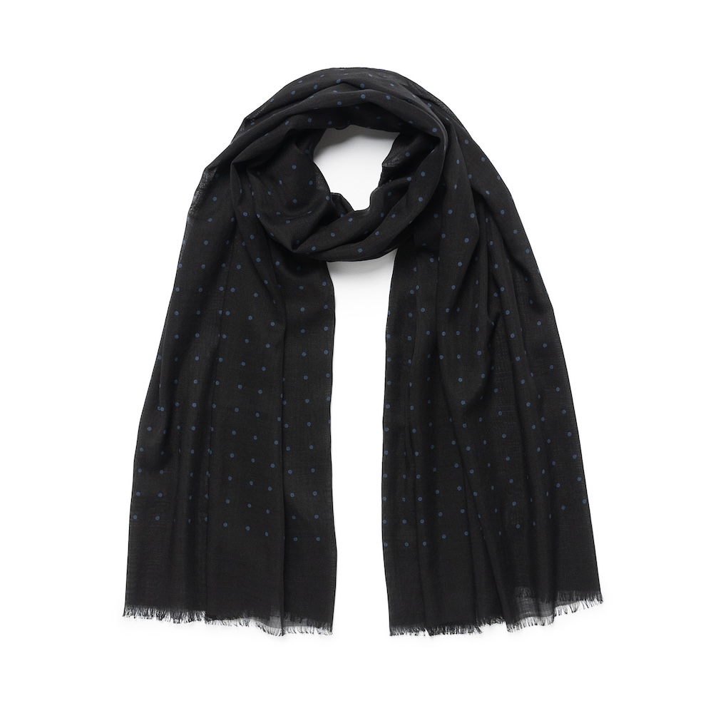 홀리데이 앤 브라운 네이비 폴카 도트 패턴 제트 블랙 버진 울 실크 스카프