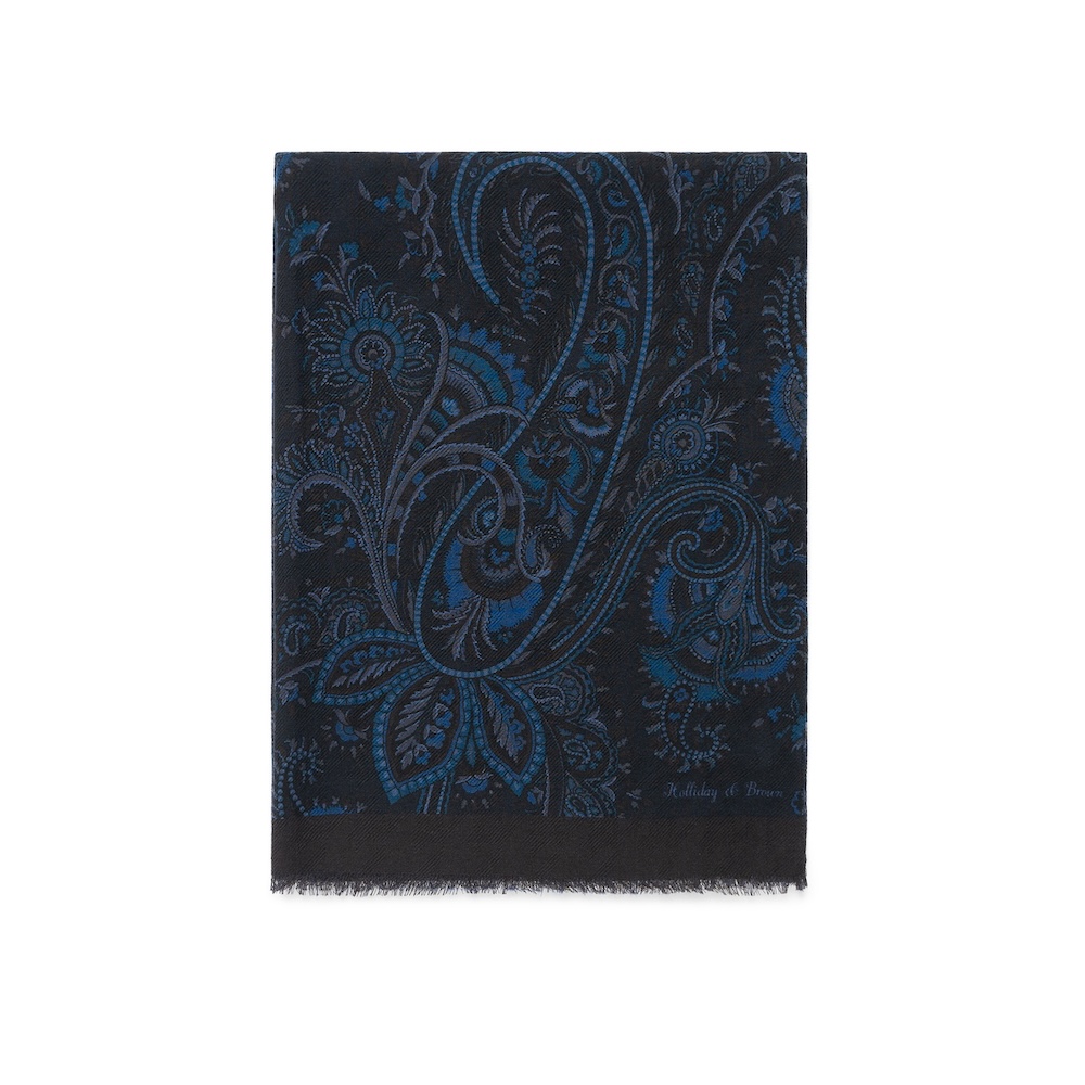 홀리데이 앤 브라운 풀 페이즐리 패턴 네이비 울 실크 스카프