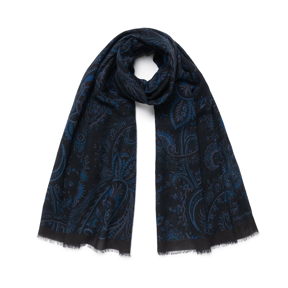 홀리데이 앤 브라운 풀 페이즐리 패턴 네이비 울 실크 스카프