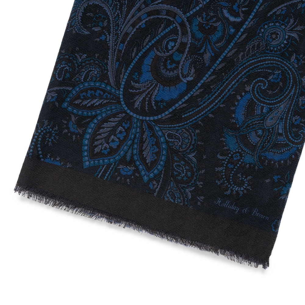홀리데이 앤 브라운 풀 페이즐리 패턴 네이비 울 실크 스카프