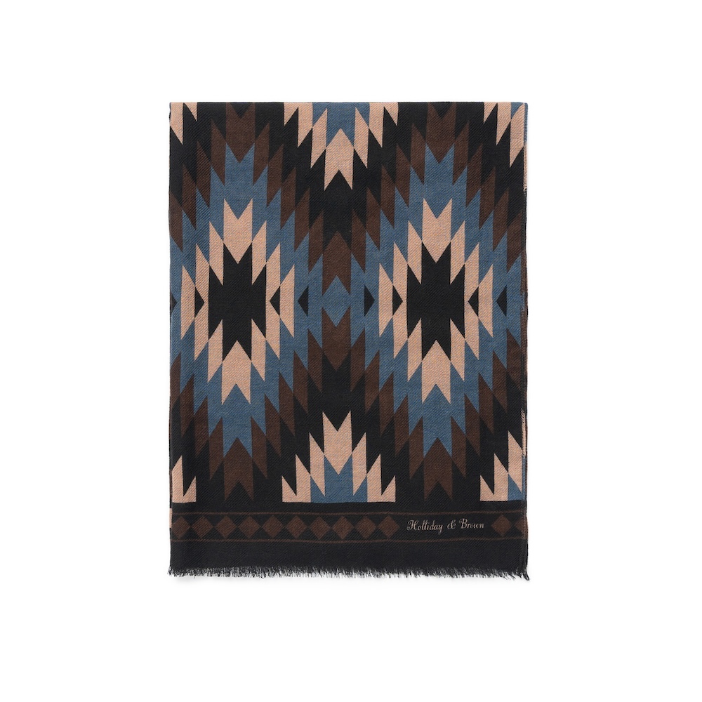 홀리데이 앤 브라운 나바호 패턴 블랙 브라운 블루 울 실크 스카프