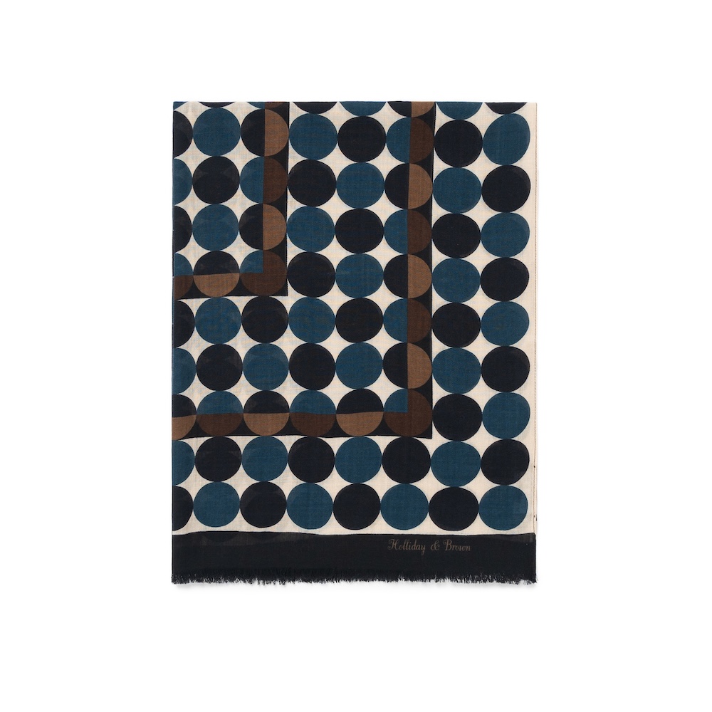 홀리데이 앤 브라운 빅 써클 패턴 네이비 브라운 아이보리 울 스카프