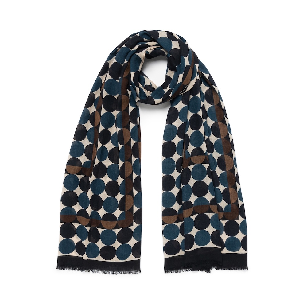 홀리데이 앤 브라운 빅 써클 패턴 네이비 브라운 아이보리 울 스카프