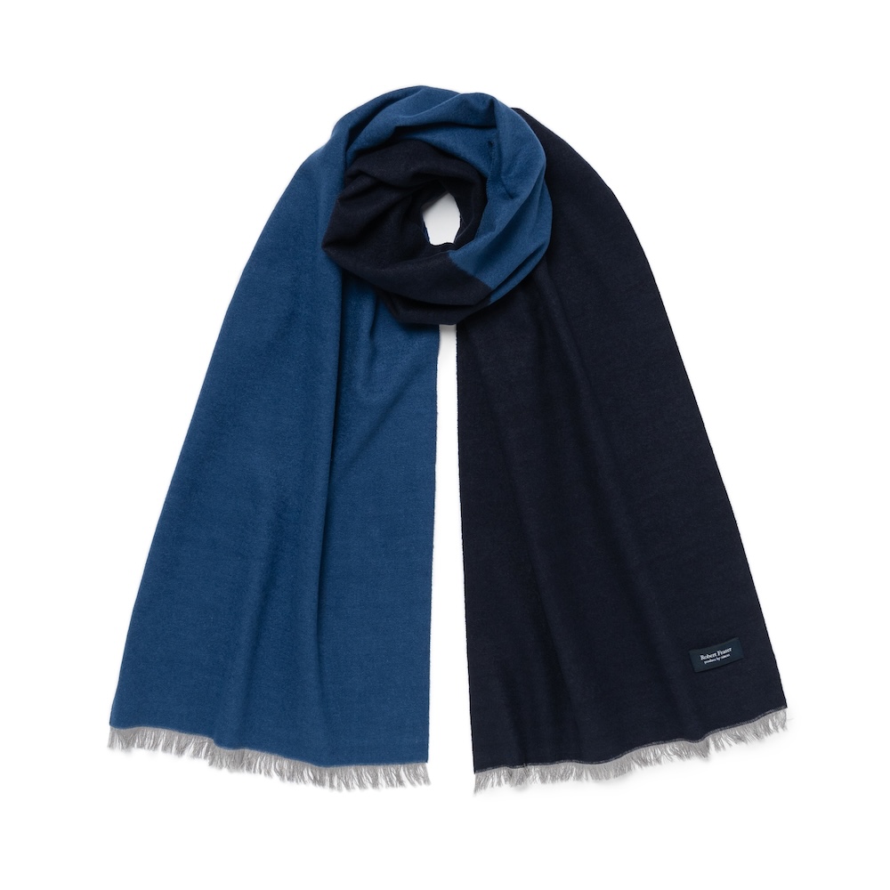 로버트 프레이저 투톤 솔리드 네이비 & 블루 소프트 실크 머플러